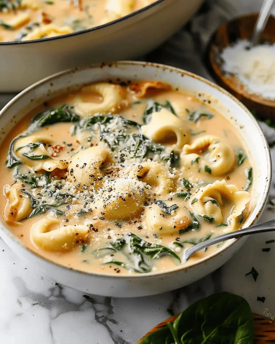 Creamy Spinach Tortellini Soup with Turkey Bacon Delight
