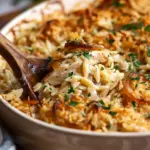 French Onion Chicken Orzo Casserole