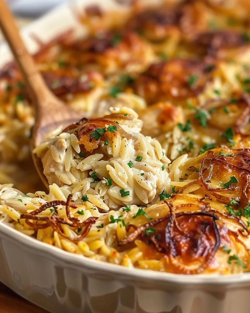French Onion Chicken Orzo Casserole with Turkey Bacon Delight
