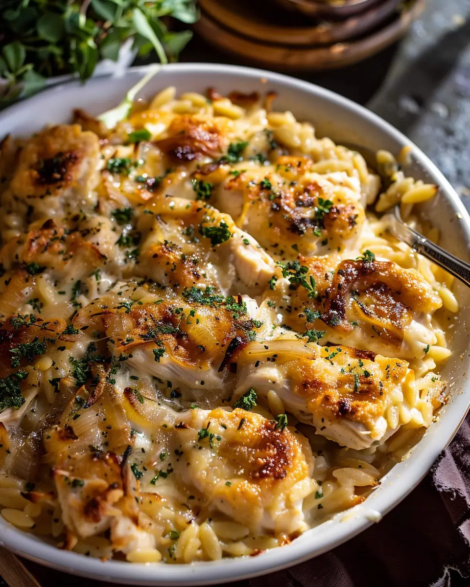 French Onion Chicken Orzo Casserole with Turkey Bacon Delight