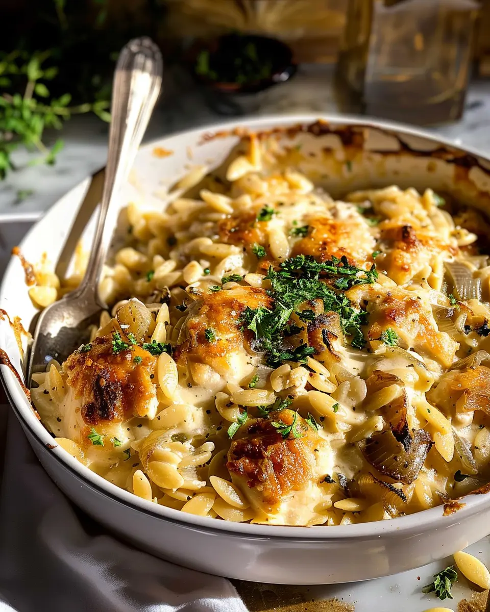 French Onion Chicken Orzo Casserole: Best Comfort Food Delight
