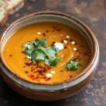 Spiced carrot and red lentil soup with coconut and tamarind chilli oil