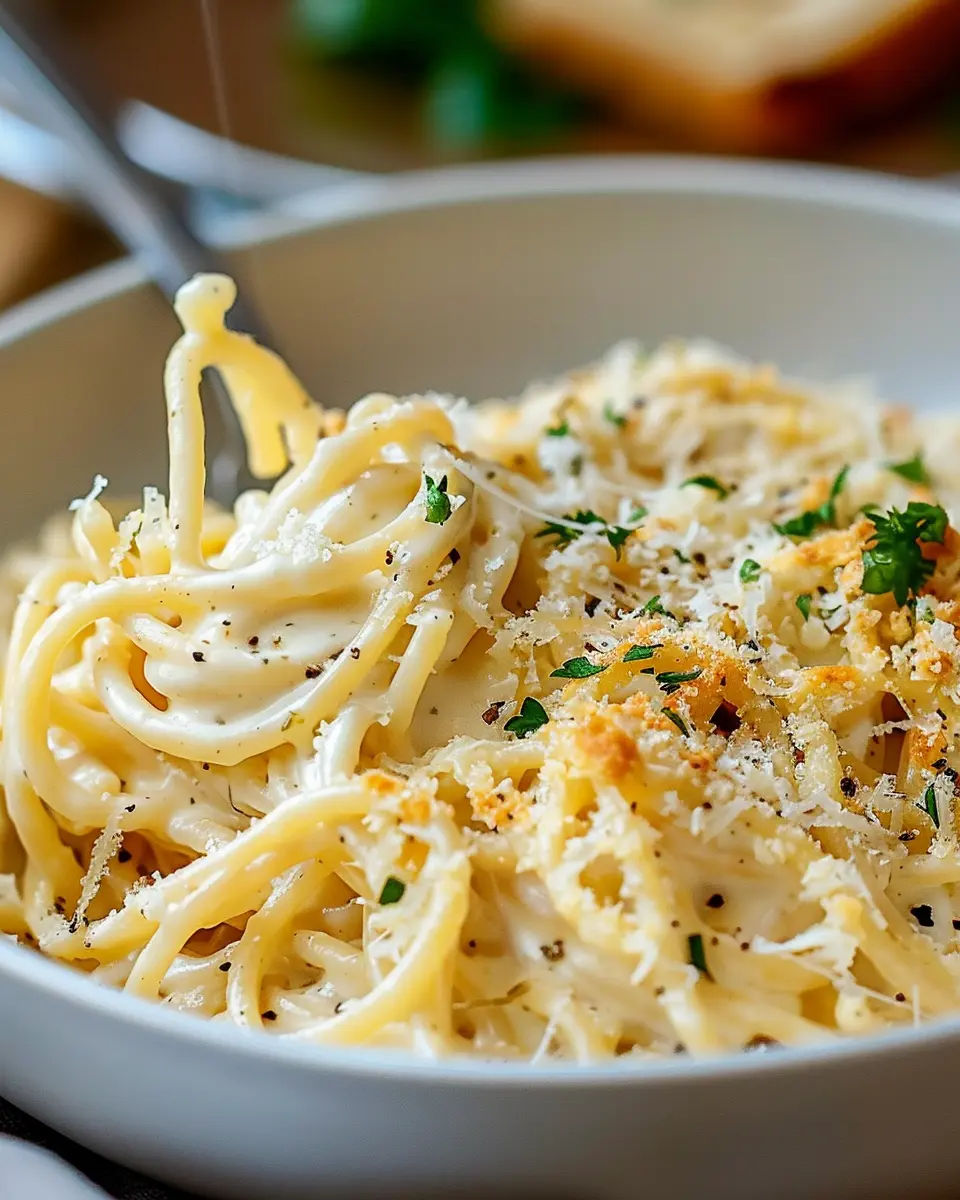 Cheesy garlic parmesan spaghetti with cream cheese and turkey bacon