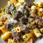 Cajun Steak Tips in Cheesy Rigatoni Parmesan Sauce