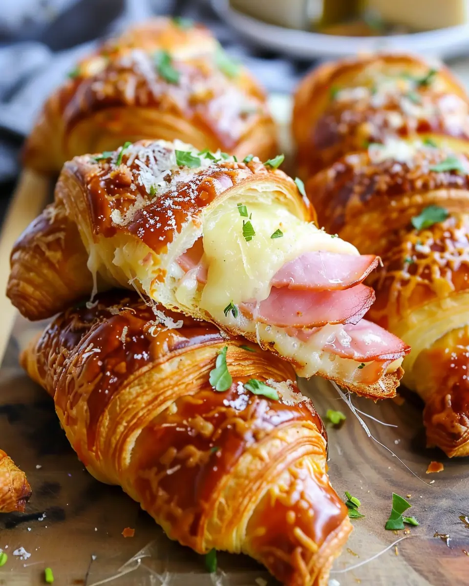Baked Ham and Cheese Croissants with Turkey Bacon and Chicken Ham