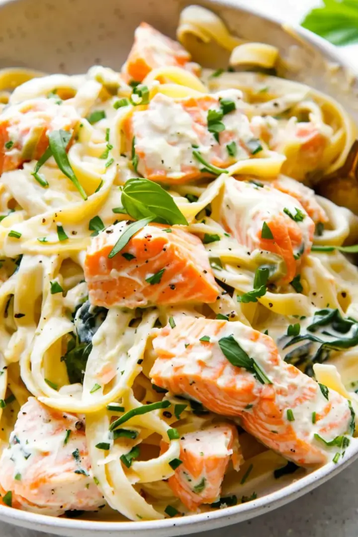 Creamy Salmon Pasta with Mixed Greens